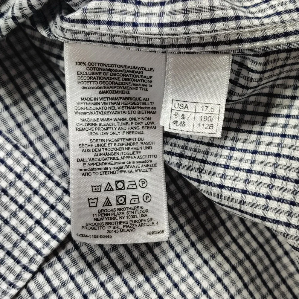 Brooks Brothers 1818 Mens 17.5 32/33 Regular Fit Non-Iron Check Dress Shirt Navy